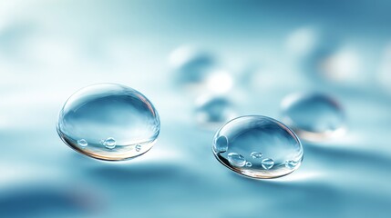 A soft blue background highlights numerous water droplets suspended in air, demonstrating clarity and surface tension