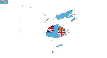 Obraz premium Map of Fiji with flag overlay islands scattered clean background