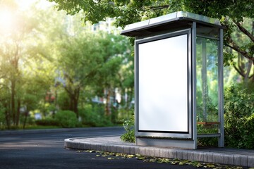 A vacant wooden bus stop shelter is situated on a city street with trees and a bus visible in the background under daylight conditions