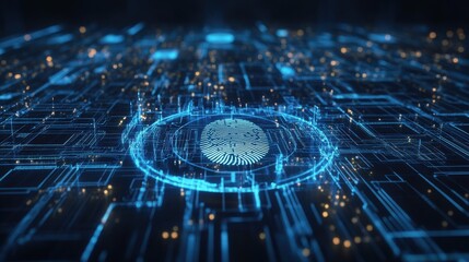 Glowing blue digital fingerprint in abstract technological space
