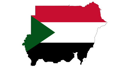 Sudan map filled with Sudanese flag colors red white black and a green triangle set against a white background