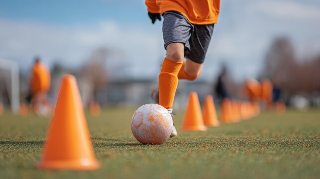 Skilled Youth Soccer Player Precision Dribbling Around Cones Professional Sports Training and Education Content for Inspiring Athletic Development and Focus