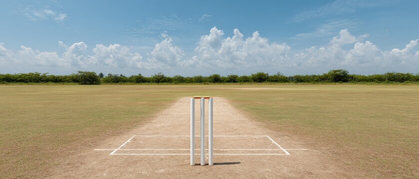 Professional Cricket Pitch and Wicket on Open Field with Line Markings Premium Sports Environment for Modern Athletic Training and Marketing Content - Powered by Adobe