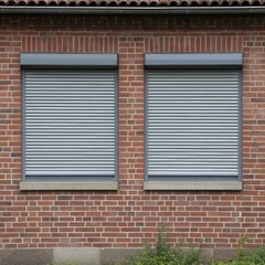 Modern Residential Security with Closed Metal Rolling Shutters on Brick House Windows Premium Protection for Homeowners Peace of Mind Campaigns