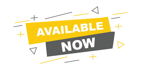 Bright yellow and dark gray banner announcing available now with abstract geometric shapes and lines