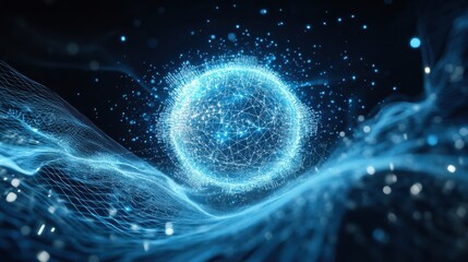 Glowing digital globe with illuminated connections in dark setting