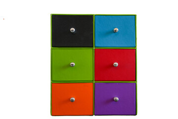 Colorful carton box with shelves isolated on white background.