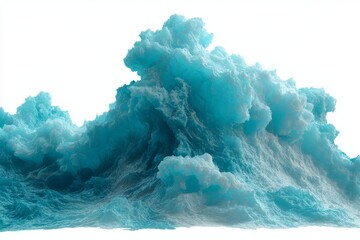 The crash of a powerful blue wave in the ocean creates a white and frothy spray that contrasts with a white background