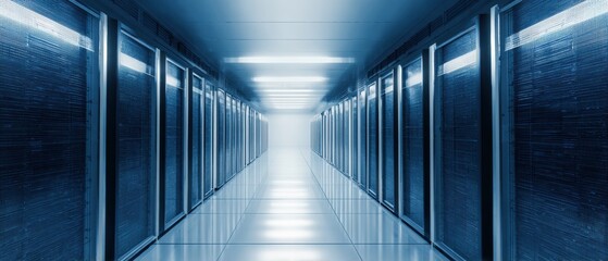 Professional modern data center corridor with advanced server racks and security features for reliable tech infrastructure marketing content