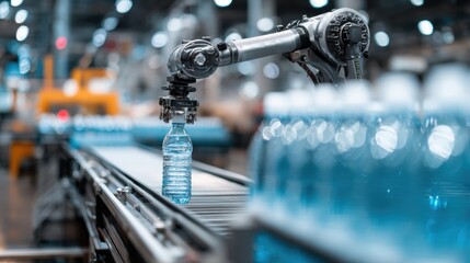 Modern Automated Robot Gripper Handling Bottled Water in High-Tech Warehouse Premium Industrial Robotics for Smart Factory Marketing Content