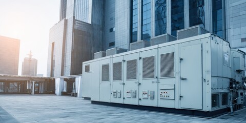 Modern High-Quality Data Center Standby Generator Unit Outside Corporate Building for Reliable Business Continuity and Power Assurance Marketing Content