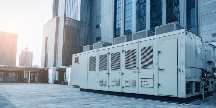 Modern High-Quality Data Center Standby Generator Unit Outside Corporate Building for Reliable Business Continuity and Power Assurance Marketing Content