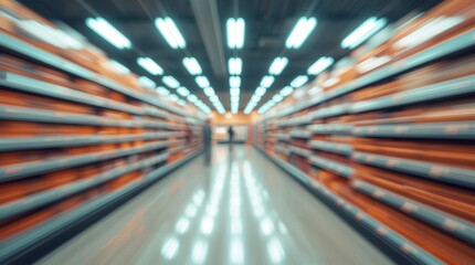 The long rows of colorful product shelves are visible on both sides, and the bright overhead lights are blurred into glowing orbs, drawing the eye towards the vanishing point at the end of the aisle. 