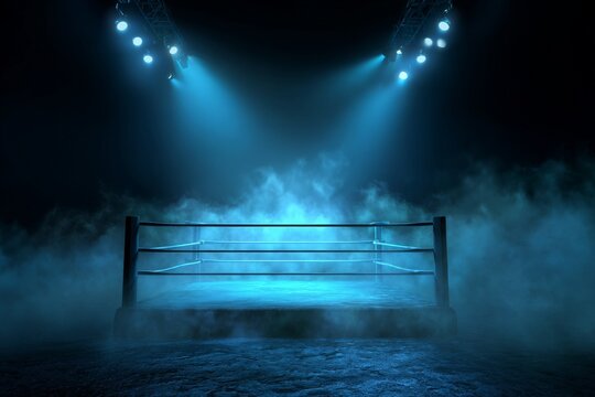 A dramatic boxing ring with spotlight and mist effects is situated in a dark atmosphere, providing an ideal backdrop for sports-themed backgrounds and action themes