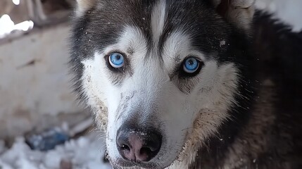 Close-Up Portrait of a Siberian Husky with Striking Blue Eyes in Natural Environment