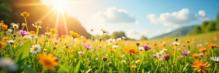Obraz premium A sun-drenched field of wildflowers swaying gently in a summer breeze, embodying carefree joy and natural beauty Perfect for concepts of serenity, peace, and happiness , aesthetics, colorful