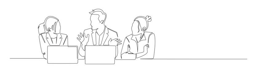 Continuous line art of business men and women working in front of laptops and discussing. Busy business owner concept.

