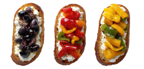 Three crostini topped with creamy spread, olives, and colorful peppers
