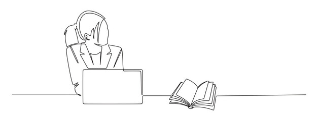 Continuous line art of a businesswoman working in front of a laptop with an open book beside her. Busy business owner concept.

