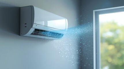 A stream of cool, fresh air, represented by glowing blue particles and swirling lines, blows from the unit into the room. 