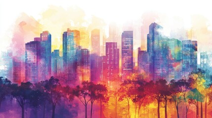 Fototapeta premium Colorful urban landscape with buildings and trees in daytime