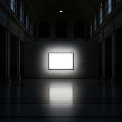Illuminated empty modern art gallery hall with a spotlight on a blank white canvas