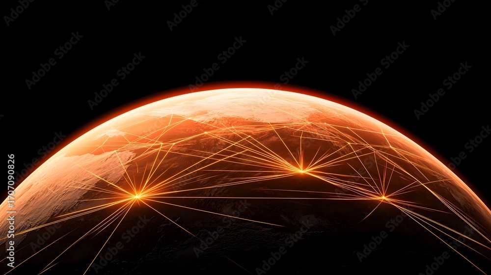 Aufkleber the image shows a network communication with a glowing orange planet and connecting lines and bright