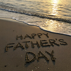 Fototapeta premium Happy Father's Day message written in the sand on a beach at sunrise.