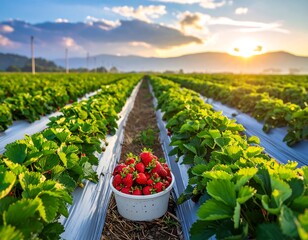 Strawberry field at sunset