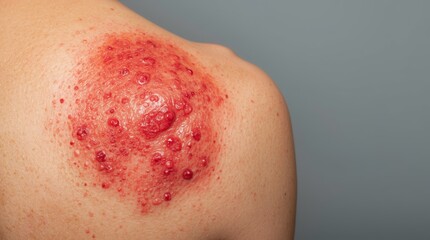 A very close-up and detailed macro shot of a human shoulder, showing a severe skin rash with small, red, fluid-filled blisters and irritated, swollen skin. 