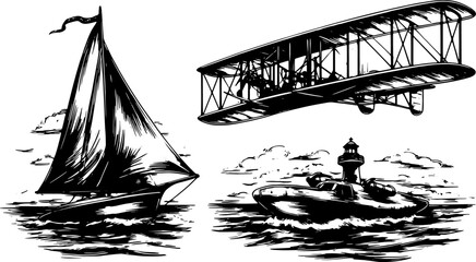 Fototapeta premium Vintage engravings of a sailboat, airplane, and lighthouse on the water. This set of line drawing illustrations captures scenic maritime transport in vector style.