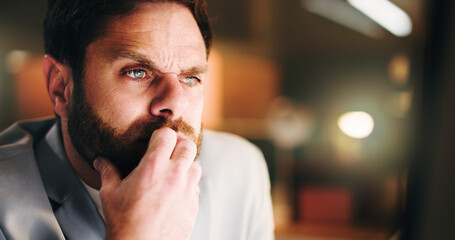 Businessman, confused and thinking with computer at night for trading mistake, 404 error or glitch....