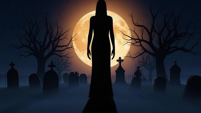 Ethereal Silhouette in Graveyard Mysterious Female Figure Standing Before Full Moon in Spooky Halloween Night Cemetery Illustration