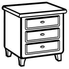 A simple black and white line drawing of a three drawer nightstand silhouette isolated on white background