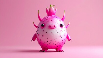 Photorealistic, hyper detailed, a funny creature made of dragon fruit with neon pink