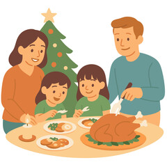 Flat vector illustration of family Christmas dinner with roasted turkey, parents and children celebrating holiday together. Concept of festive meal, tradition, happiness, cozy home