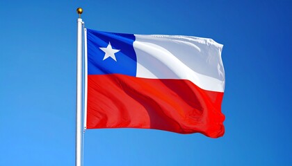 Chilean national flag flying on pole against clear blue sky, featuring white and red horizontal bands with blue square and white star.