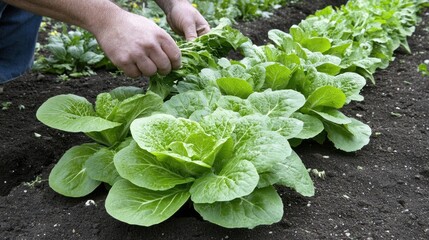 Freshly Harvested Lettuce in a Garden Bed with Hands Gently Picking Leaves from a Vegetable Patch