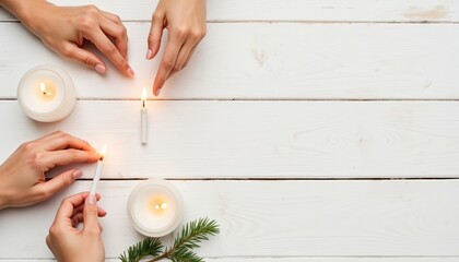 Hands lighting candles on white wooden table for Winter Solstice  