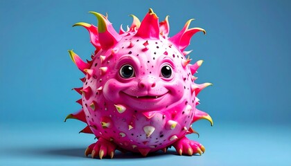 Photorealistic, hyper detailed, a funny creature made of dragon fruit with neon pink