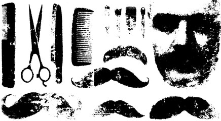 Mustache and grooming tools set including scissors and comb in black line art. Vintage vector illustration for hair care.