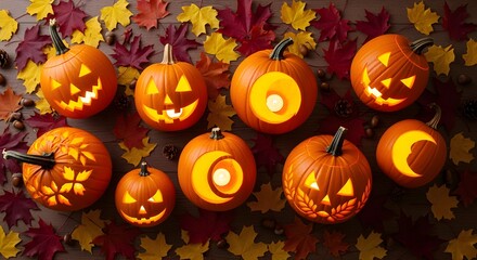 Fototapeta premium Flatlay of carved pumpkins with candles glowing, autumn leaves scattered around.