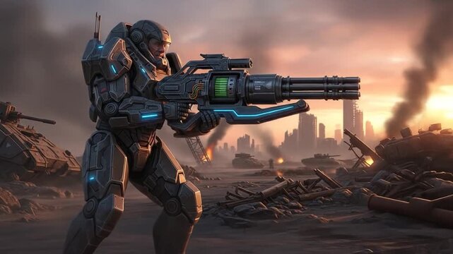 Futuristic soldier with minigun in war-torn cityscape ready for intense battle