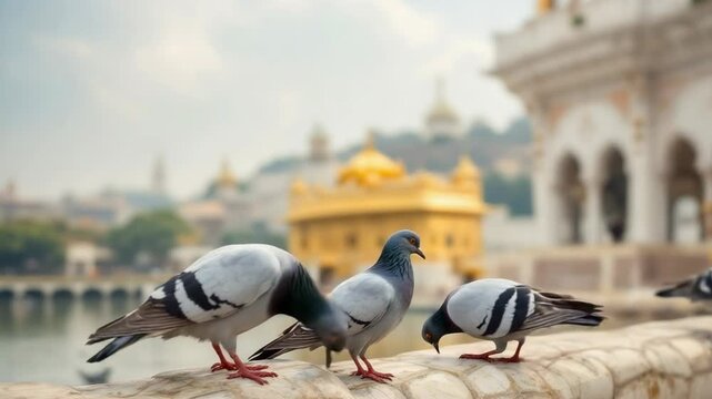 Serene morning at the iconic golden temple in india with pigeons symbolizing sikh faith gurpurab and timeless traditions. Imaginary Sri Harmandir Sahib Amritsar India Sikhism.