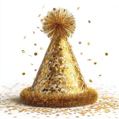 Golden Celebration: A golden party hat with shimmering confetti, ready for a festive occasion, against a bright background, symbolizing joy and celebration.