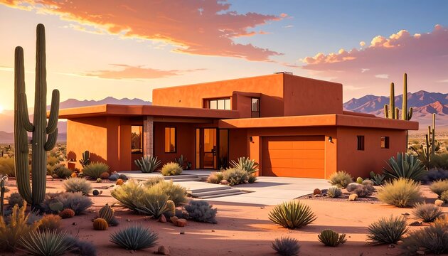 A single-story terracotta house in a desert landscape with cacti and mountains silhouetted at sunset