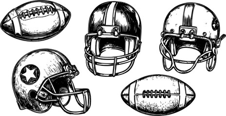 Vintage football helmets and ball set in a detailed line drawing style. Black and white vector illustration suitable for sports themes.