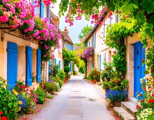 Naklejka premium Picturesque European village street filled with vibrant flowers