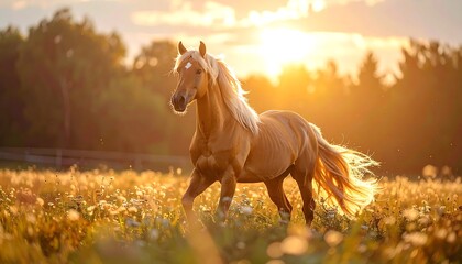 Obraz premium A golden horse gallops freely through a sunlit meadow, mane and tail flowing in the breeze during golden hour