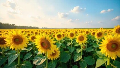 A vast field of sunflowers in full bloom, stretching to the horizon under a bright summer sky The tall stalks sway gently in the breeze, a picturesque scene of agricultural abundance , day, stalk